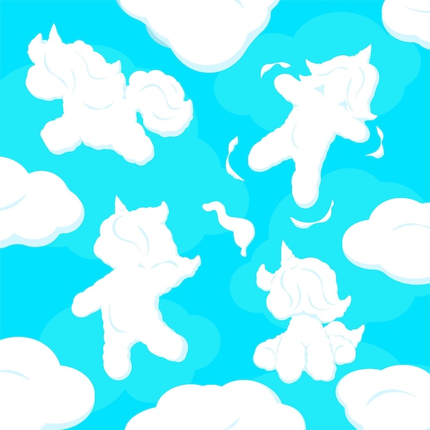 Cute clouds in the shape of unicorns on a blue sky.