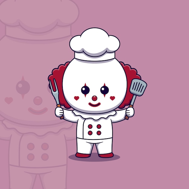 Симпатичный шеф-повар-клоун, держащий лопатку и вилку для барбекю