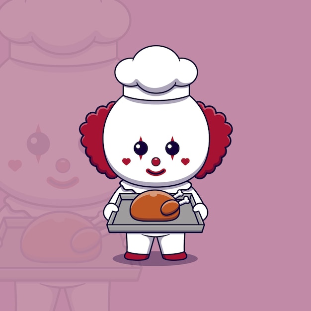 Симпатичный шеф-повар-клоун держит поднос с жареным цыпленком