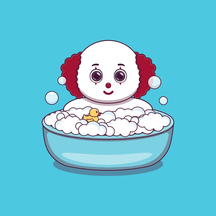 Vector cute clown taking bath with duck toy and bubbles