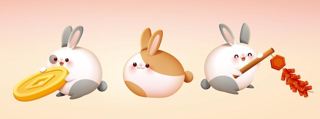 Cute cny fluffy fat rabbits set