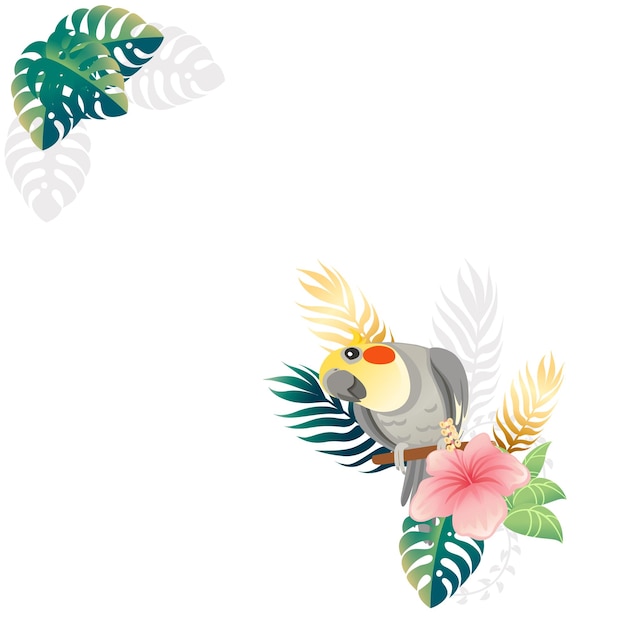흰색 배경에 고립 된 녹색 잎과 분홍색 꽃 머리 만화 동물 디자인 평면 벡터 일러스트와 함께 귀여운 앵무새 앵무새 앉아