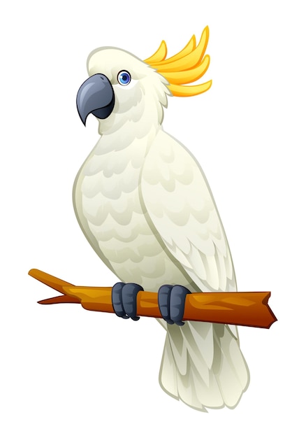 Vettore simpatico pappagallo cacatua seduto sull'illustrazione del fumetto ramo isolato su priorità bassa bianca