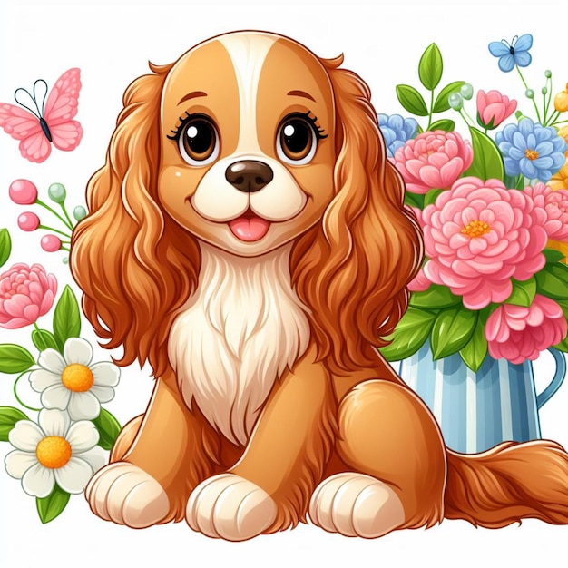 Cute Cocker Spaniel Dog and Flowers Vector Cartoon illustration