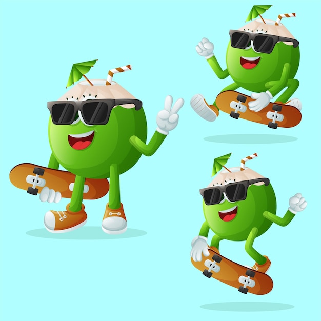 Cute coconut characters skateboarding