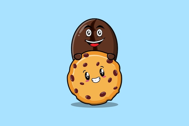 Cute Coffee beans cartoon character hiding in biscuits illustration in flat modern design