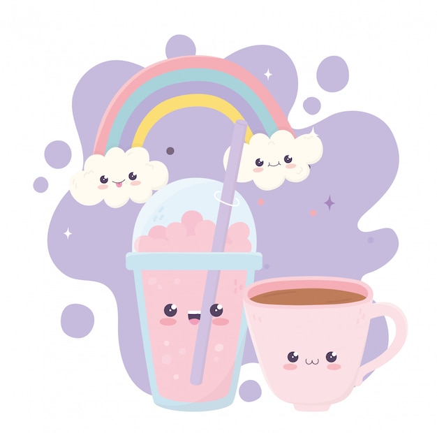 かわいいコーヒーカップとミルクセーキのかわいい漫画のキャラクター