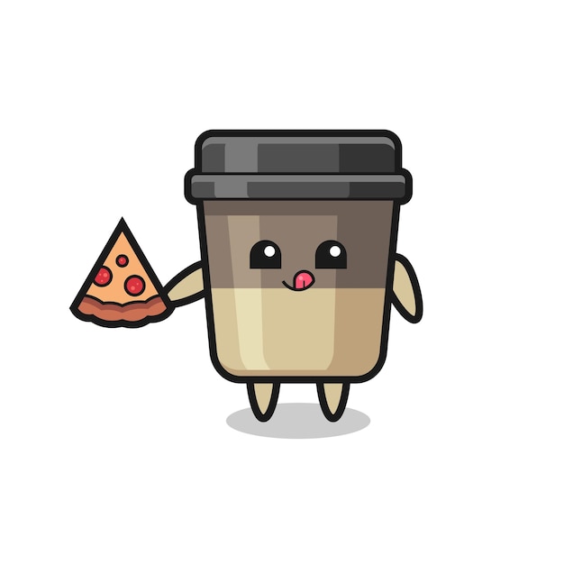 Cute coffee cup cartoon eating pizza