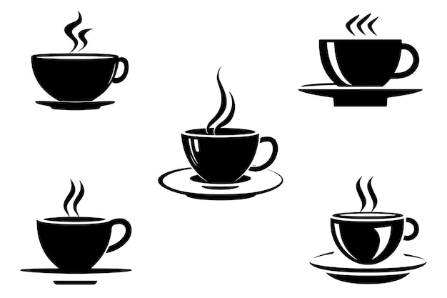 Vector cute coffee cup icon set outline silhouette icons in white background