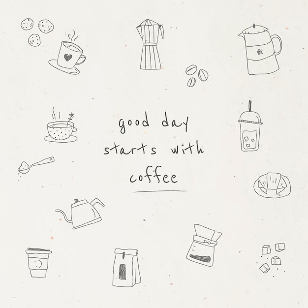 Cute coffee doodle design element vector set