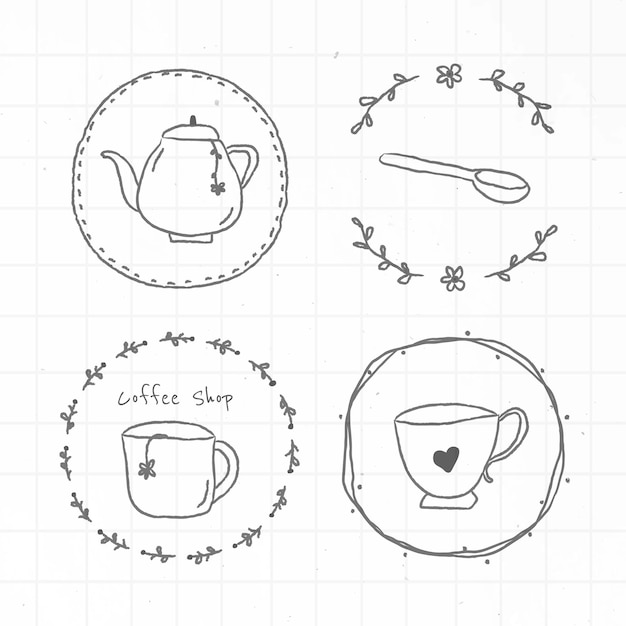 Set di adesivi per diario di doodle caffè carino vettore