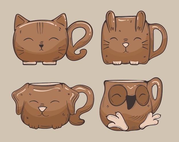 Vector cute coffee mug animal design hand drawn vector illustrations 01