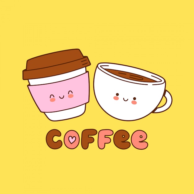 かわいいコーヒー紙コップとマグカップのロゴ。漫画キャライラスト