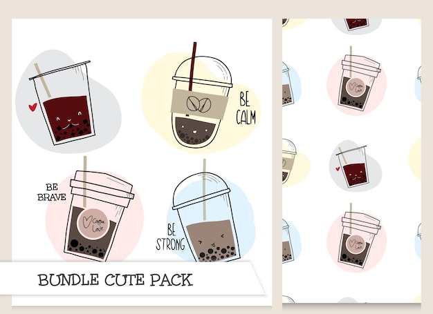 Vector cute collection cartoon bubble tea character with seamless pattern