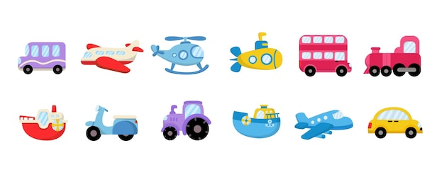 Cute collection colorful cars Icons in cartoon style for design of children's rooms clothing textiles Vector illustration