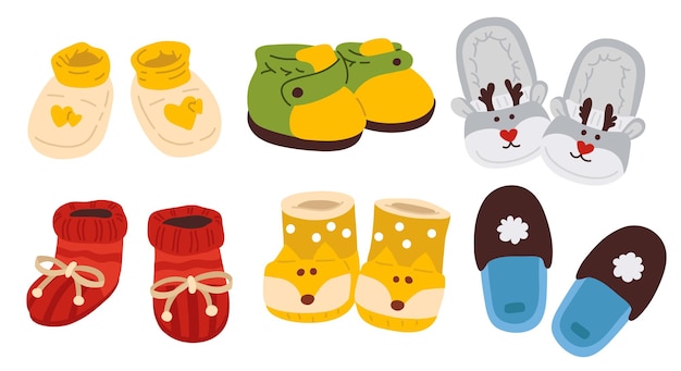 Cute collection of colorful winter various childish boots and slippers