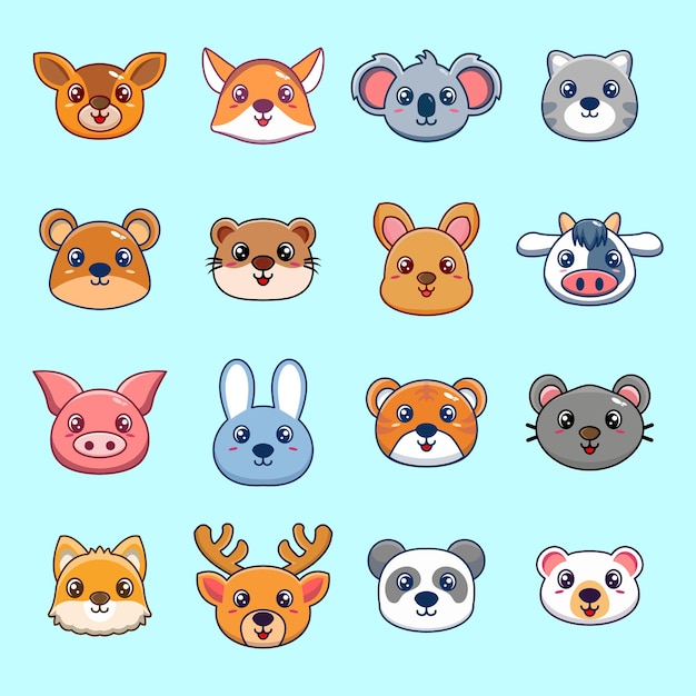 Cute collection of kawaii animals heads by hand drawn style