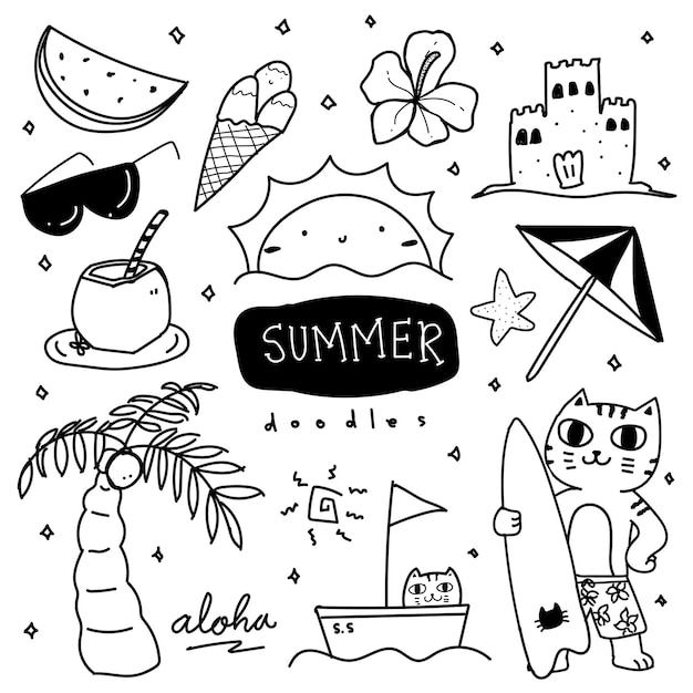 ベクトル 夏の手描き落書きイラストのかわいいコレクション