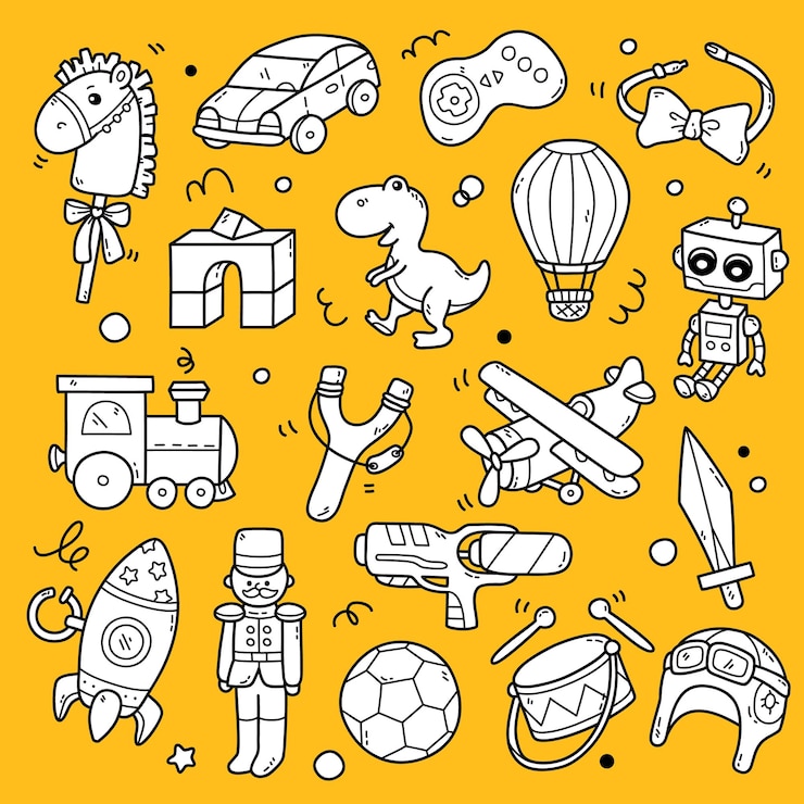 Vector cute collection of outline baby doodles toys for boys