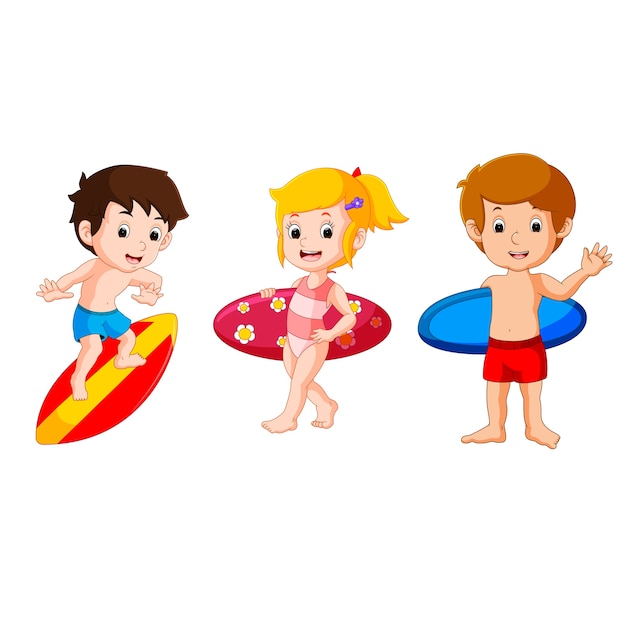 Vector cute collection of surfing kids