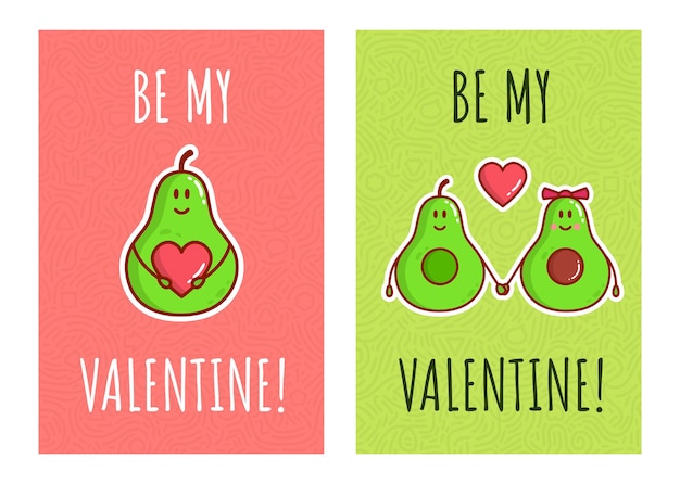 Vector cute color cartoon avocado couple characters. greeting cards for valentine's day. avocado love with hearts.