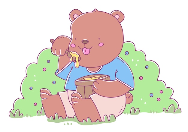 蜂蜜を食べる座っているクマとかわいい色の子供のイラストベクトル動物イラスト