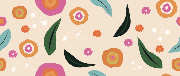 Cute colored flowers with leaves and bright abstract circles Modern spring pattern