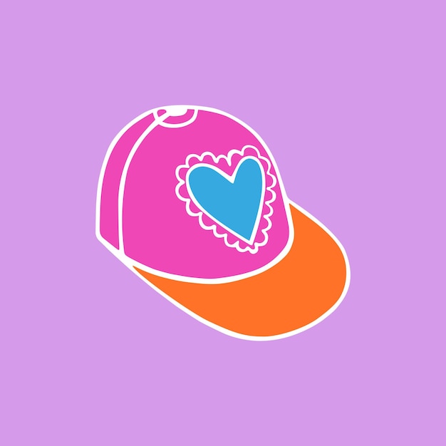 Cute colorful baseball cap with a patch in the form of a lace heart A handdrawn flat vector illustration of an isolated headdress in the style of doodles For shop card sticker Valentine's Day