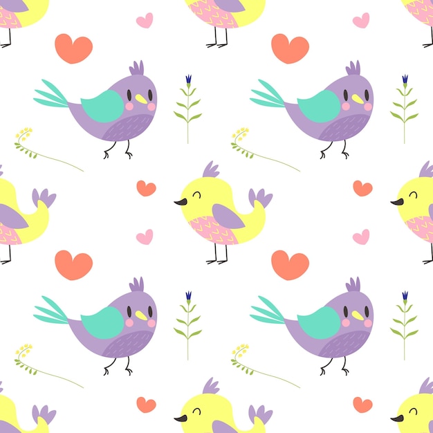 Cute colorful birds on a dotted background seamless texture EPS