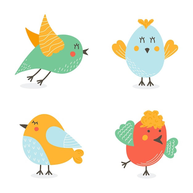 Vector cute colorful birds isolated on white background spring holidays concept cartoon style