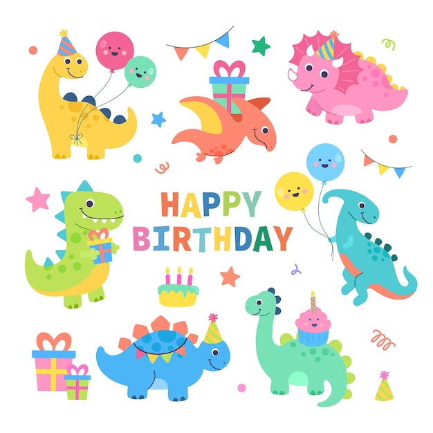 벡터 귀여운 다채로운 생일 파티 공룡