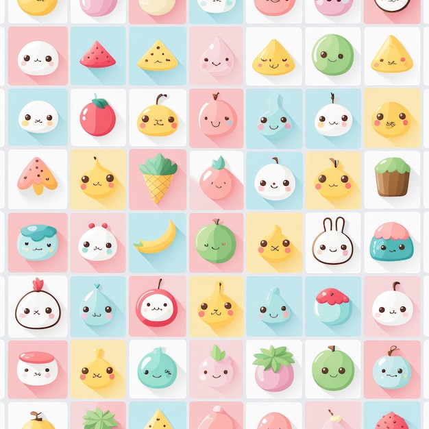 Vector cute colorful cartoon kawaii faces set of various types food and dessert