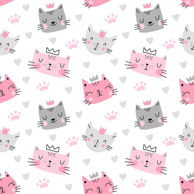 Cute colorful cat seamless pattern with  heart footprint isolated on white background