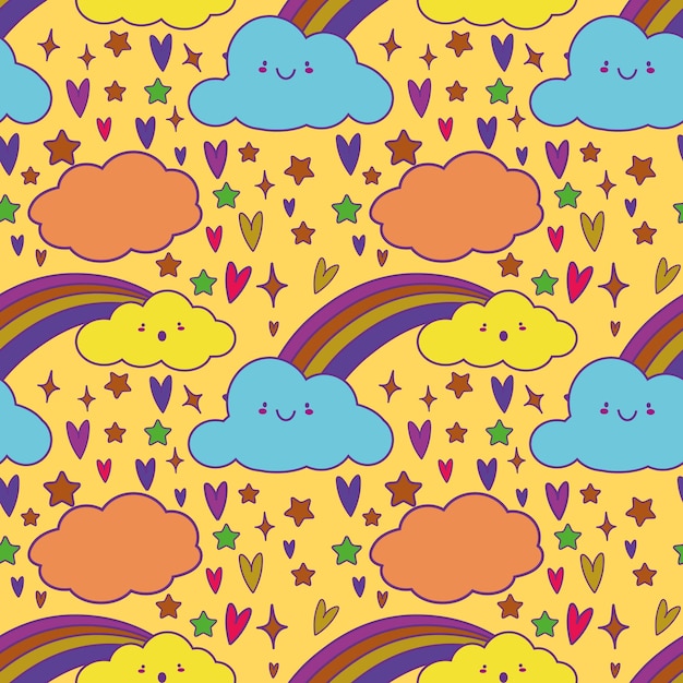 Cute colorful cloud smiling face kawaii seamless pattern background with stars and hears vector illustration EPS