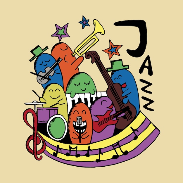 귀여운 다채로운 낙서 캐릭터 재즈 음악 테마