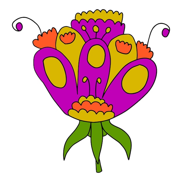 Cute colorful fantasy doodle cartoon flower isolated on white background.