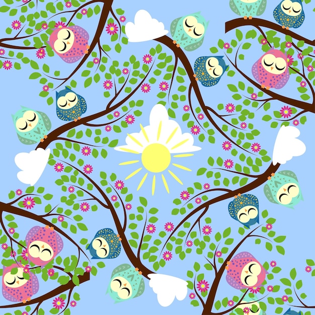 Cute colorful floral seamless pattern with owl and bird