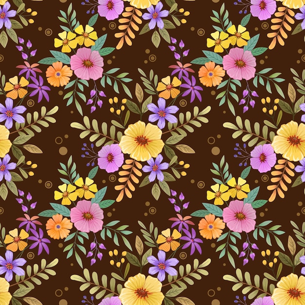 Vector cute colorful flowers design on brown color background seamless pattern