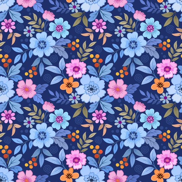 Cute colorful flowers and leaf on dark blue color background seamless pattern.