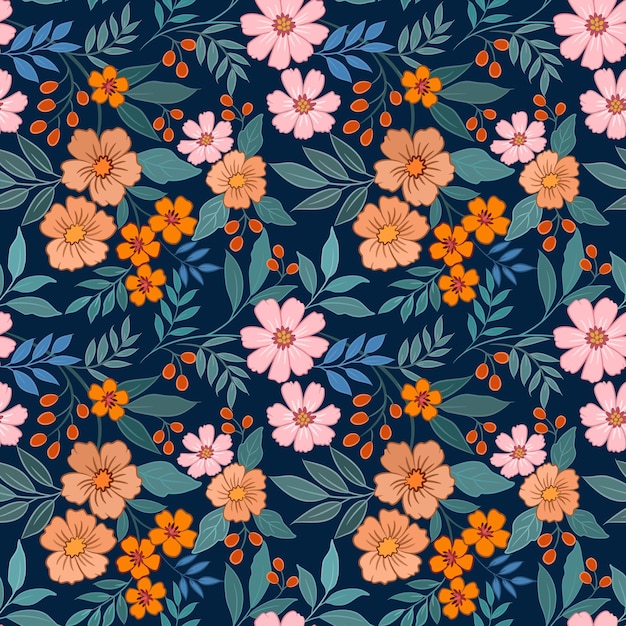 Cute colorful flowers and leaf on dark blue color background seamless pattern.