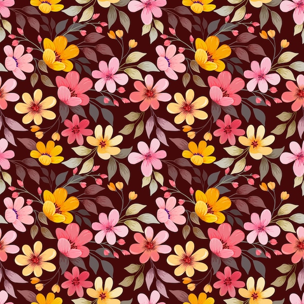 Cute colorful flowers and leaf on dark brown color background seamless pattern