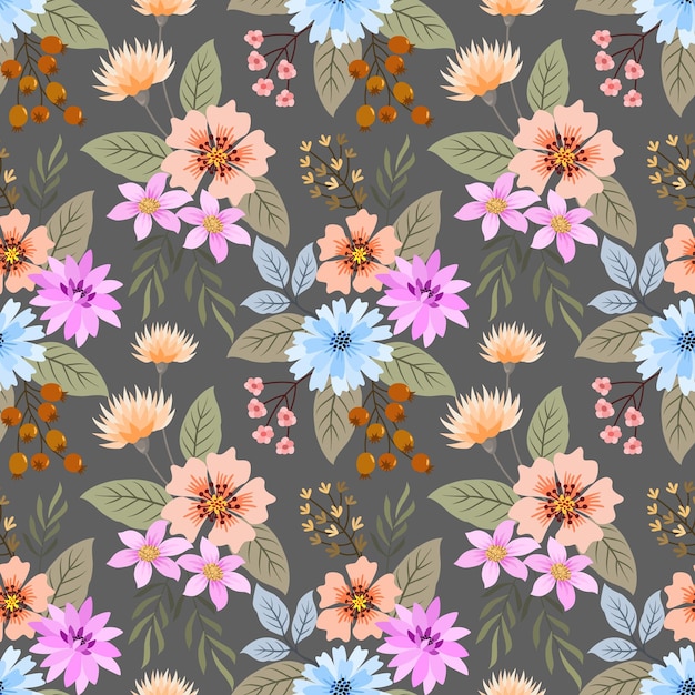 Cute colorful flowers with butterfly on brown color background seamless pattern