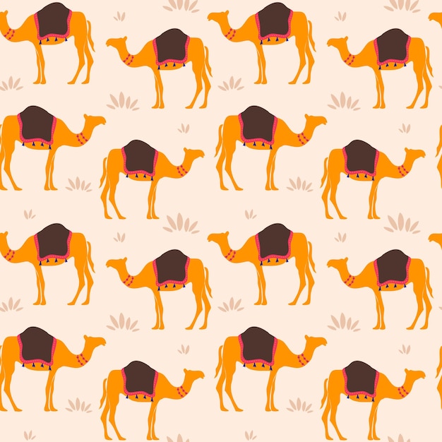 Cute colorful hand drawn seamless vector pattern background illustration with dromedary camel