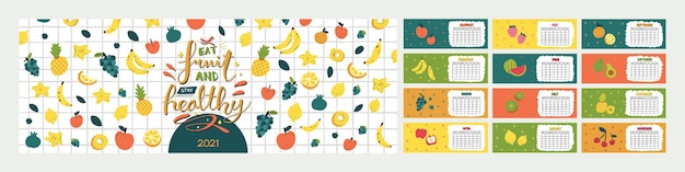 Vettore sveglio calendario orizzontale variopinto. agenda pasti annuale con tutti i mesi divertente illustrazione di frutta in stile scandinavo