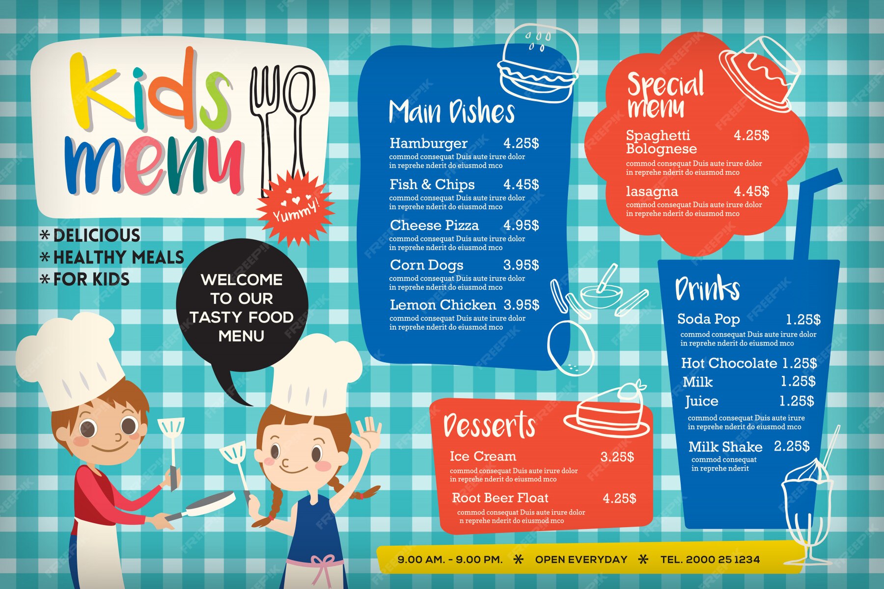 Premium Vector Cute colorful kids meal menu template