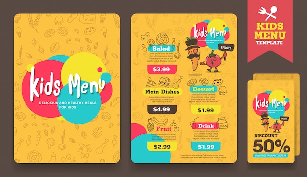 Vector cute colorful kids meal menu template