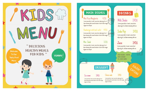 Vector cute colorful kids meal menu vector template