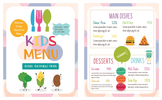 Vector cute colorful kids meal menu vector template