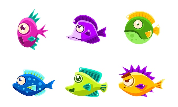 Vector cute colorful little glossy fishes set funny big eyed sea animals cartoon characters vector illustration