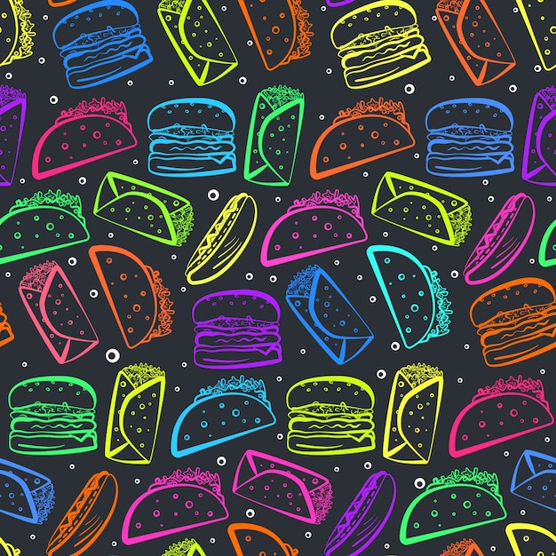 Cute colorful outline fast food on black pattern